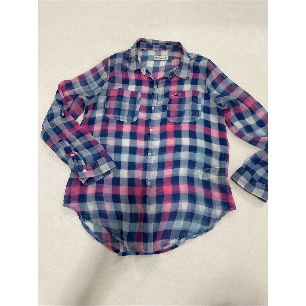 Women Juniors Blue Pink Plaid Beach Boho Hollister Sheer Roll Sleeve Shirt Sz M